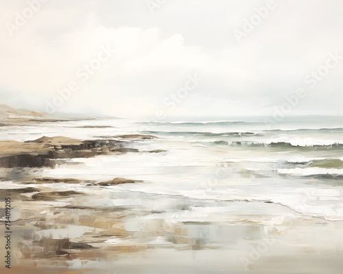 Neutral Ocean Landscape Vintage Oil Painting Art
