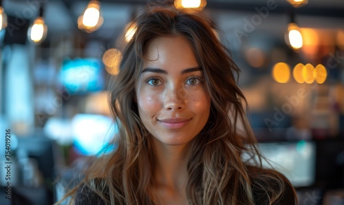 A young woman's portrait, showcasing a radiant smile, sparkling eyes, and freckles with blurred warm lights softly enhancing her features.