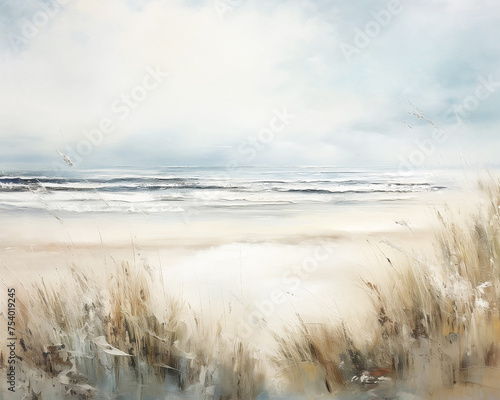 Neutral Ocean Landscape Vintage Oil Painting Art