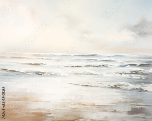Neutral Ocean Landscape Vintage Oil Painting Art