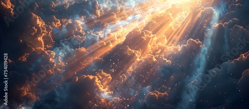 Sunlight Rays Shining Through Clouds in Space, To convey the beauty of nature and cosmic wonders, symbolizing divine presence, truth, spiritual