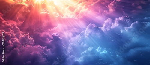 Colorful Clouds with God Light Rays in Heaven, This image can be used to convey a sense of divine presence, spiritual illumination, and Gods love and photo