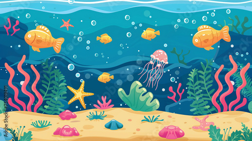 Underwater cartoon background with fish  sand  seaweed  pearl  jellyfish