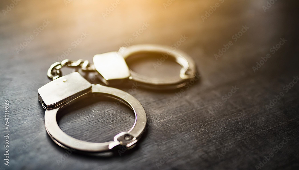 Handcuffs on dark table, symbolizing confinement and control. Dark background with backlighting, suggestive of secrecy and constraint Handcuffs on dark table, symbolizing confinement and control. Dark background with backlighting, suggestive of secrecy and constraint