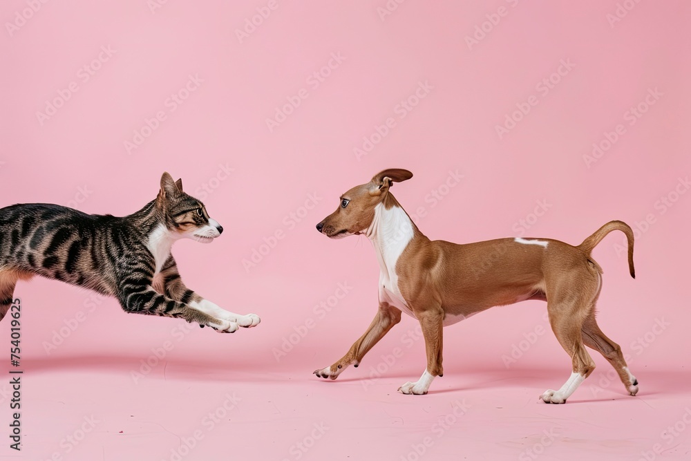a cat and a dog playing in studio on pink background geenerative ai