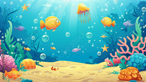 Underwater cartoon background with fish sand seaweed pearl jellyfish