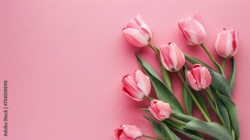 A stunning bouquet of pink tulips set against a soft pastel pink background, capturing the essence of beautiful spring flowers. A stunning bouquet of pink tulips set against a soft pastel pink background, capturing the essence of beautiful spring flowers.