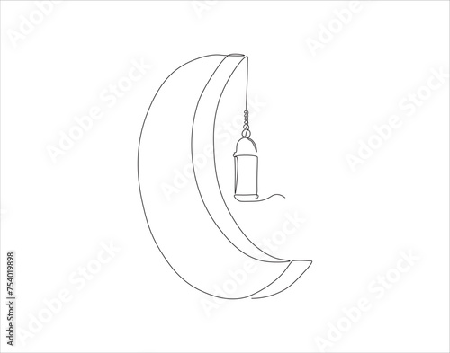 Continuous Line Drawing Of Crescent Moon For Ramadhan Element. One Line Of Crescent Moon. Moon Continuous Line Art. Editable Outline.