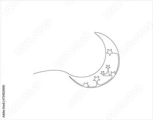 Continuous Line Drawing Of Crescent Moon For Ramadhan Element. One Line Of Crescent Moon. Moon Continuous Line Art. Editable Outline.