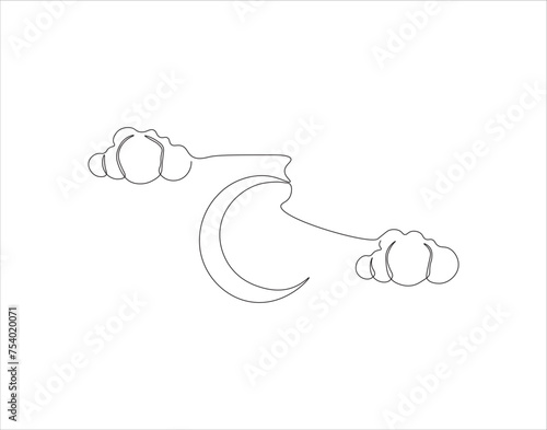 Continuous Line Drawing Of Crescent Moon For Ramadhan Element. One Line Of Crescent Moon. Moon Continuous Line Art. Editable Outline.
