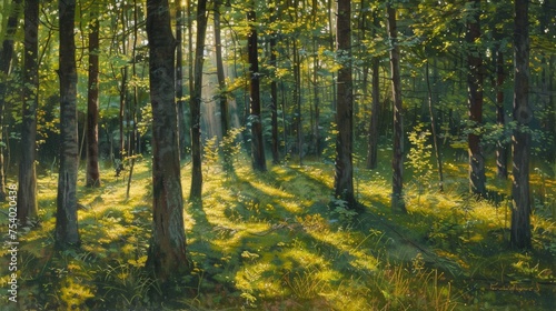 The forest glows with the gentle rays of sunlight, creating a serene and peaceful atmosphere.