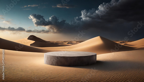 Minimal podium in desert: dark environment, gradient sky, perfect for product presentation