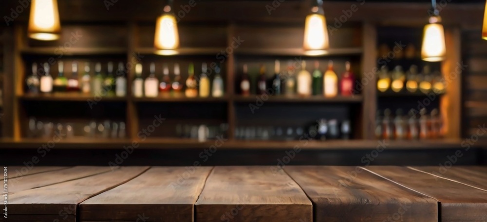 Rustic empty wooden table top of bar counter liquor store with copy space for your decoration. Vintage pub interior, Restaurant space. Abstract blurred bar background for product placement Rustic empty wooden table top of bar counter liquor store with copy space for your decoration. Vintage pub interior, Restaurant space. Abstract blurred bar background for product placement