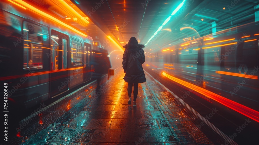 A lone individual walks through a city subway station, enveloped by dynamic neon lighting, creating a futuristic vibe.
