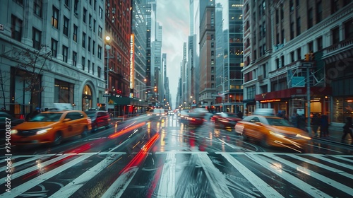A dynamic scene capturing the blurred motion of city traffic during a rainy evening, with vibrant streaks of light.