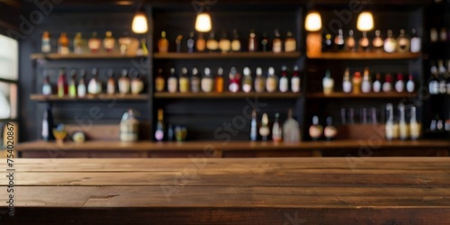 Rustic empty wooden table top of bar counter liquor store with copy space for your decoration. Vintage pub interior, Restaurant space. Abstract blurred bar background for product placement