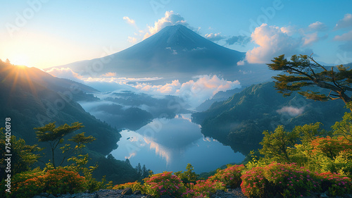 Scenic view of Mount with reflection on lake at sunrise, surrounded by lush foliage.