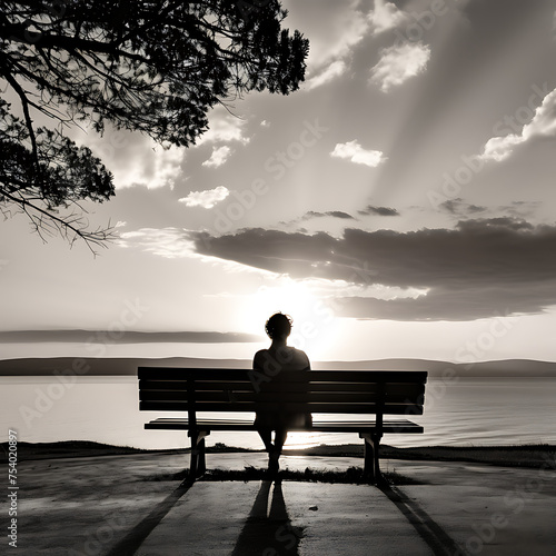  A person sitting on a bench by the water, gazing into the distance.