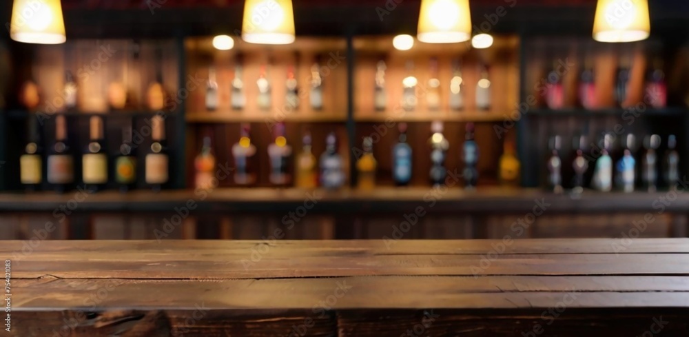 Rustic empty wooden table top of bar counter liquor store with copy space for your decoration. Vintage pub interior, Restaurant space. Abstract blurred bar background for product placement