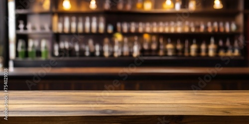 Rustic empty wooden table top of bar counter liquor store with copy space for your decoration. Vintage pub interior, Restaurant space. Abstract blurred bar background for product placement