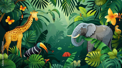 Bright tropical background with cartoon jungle animals © AhmadSoleh