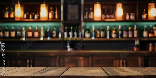 Rustic empty wooden table top of bar counter liquor store with copy space for your decoration. Vintage pub interior, Restaurant space. Abstract blurred bar background for product placement