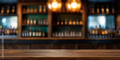 Rustic empty wooden table top of bar counter liquor store with copy space for your decoration. Vintage pub interior, Restaurant space. Abstract blurred bar background for product placement