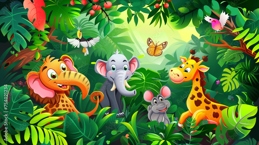 Obraz premium Bright tropical background with cartoon jungle animals 