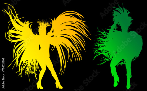 samba, baile, brasil, danza, carnaval, silueta, color, vector, pegatina, plumas, traje, ilustracion, angel, diablo	
