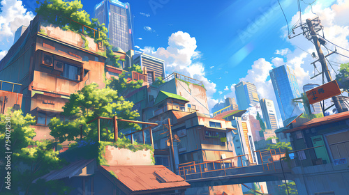 Amazing anime city building illustration