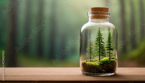 Glass jar holds lush forest, symbolizing nature preservation. Simple background, space for caption