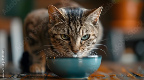 Tabby Cat Eating and Drinking at Home in Stylish Colors