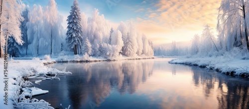 The painting depicts snow-covered trees standing tall alongside a majestic river, reflecting the serene beauty of winter in nature. The peaceful landscape showcases the harmonious coexistence of water