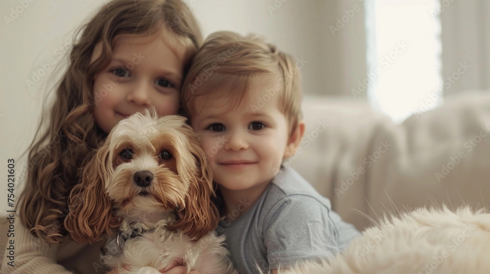 Portrait of a little boy and a little girl with their dog on white background, background image, generative AI Portrait of a little boy and a little girl with their dog on white background, background image, generative AI