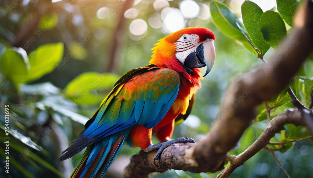 parrot perched on tropical tree branch, showcasing vivid colors and exotic allure