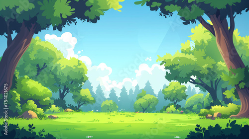 Cartoon background for game and animation Green forest with blue sky and clouds Landscape 