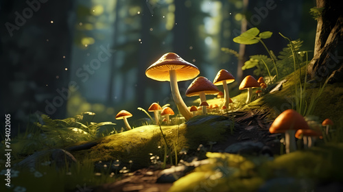 Close up look at the forest floor showing mushrooms