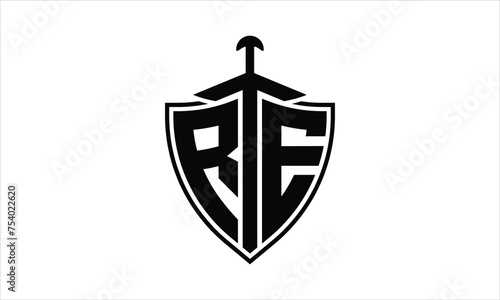 RE initial letter shield icon gaming logo design vector template. batman logo, sports logo, monogram, polygon, war game, symbol, playing logo, abstract, fighting, typography, icon, minimal, knife logo