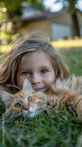 Portrait of a little girl with her cat on the backyard as a background, background image, generative AI © Hifzhan Graphics