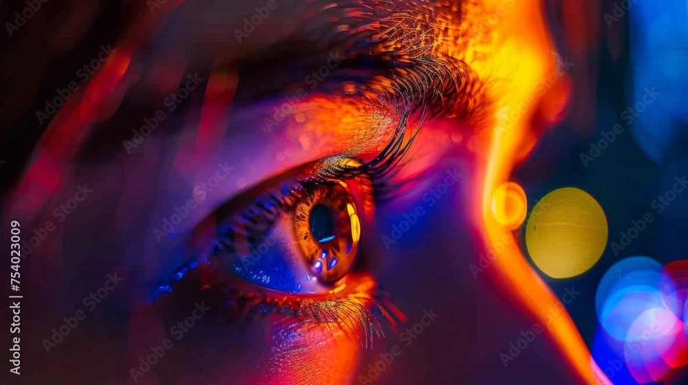 A closeup of a players eyes illuminated by the colorful lights of their computer screen.