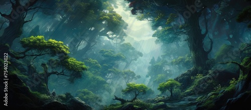 A painting depicting a dense forest with numerous trees of various sizes and species. The forest is rich in greenery and filled with life, portraying a vibrant and thriving ecosystem.