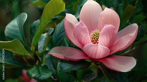 A large, pink southern magnolia flower is surrounded by glossy green leaves of a tree. Pink petal close up. Spring background. Loebner Magnolia, Magnoliaceae Hybrid,generative ai,  photo