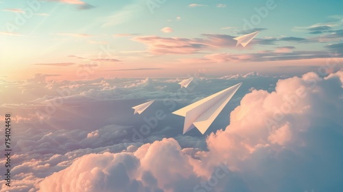 The paper airplane letter is sent soaring into the sky, symbolizing love, good intentions, and care. A heartfelt message for someone far away.           © Littleforest Stocker