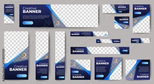 Professional business web ad banner template with photo place. Modern layout blue background and orange shape and text design	