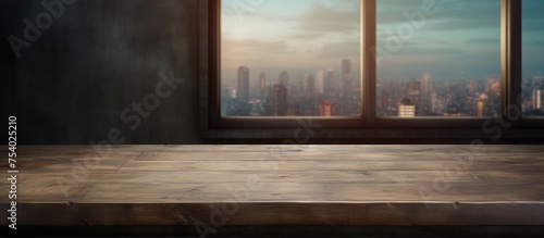A wooden table is positioned in front of a window, offering a clear view of a bustling cityscape outside. The tables surface is visible,