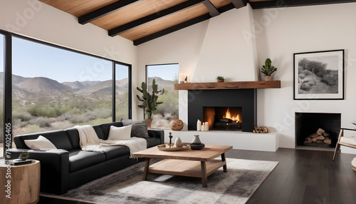 beautiful modern living room with fireplace and black and white decor © JL Designs