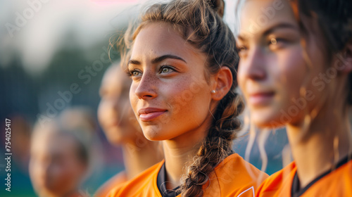 College women soccer players on a field in orange uniform. photo