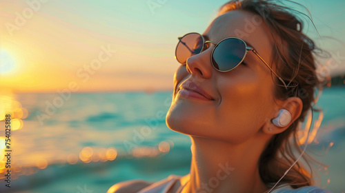 Young woman on the beach with hearing aid style ear buds.