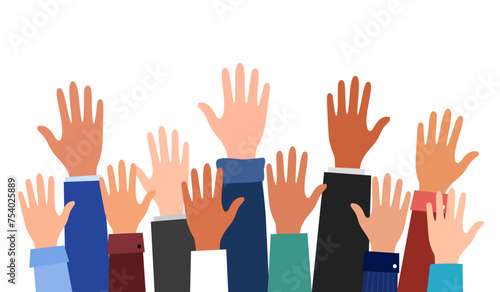 Businesspeople group raised arms and hands in flat design on white background.