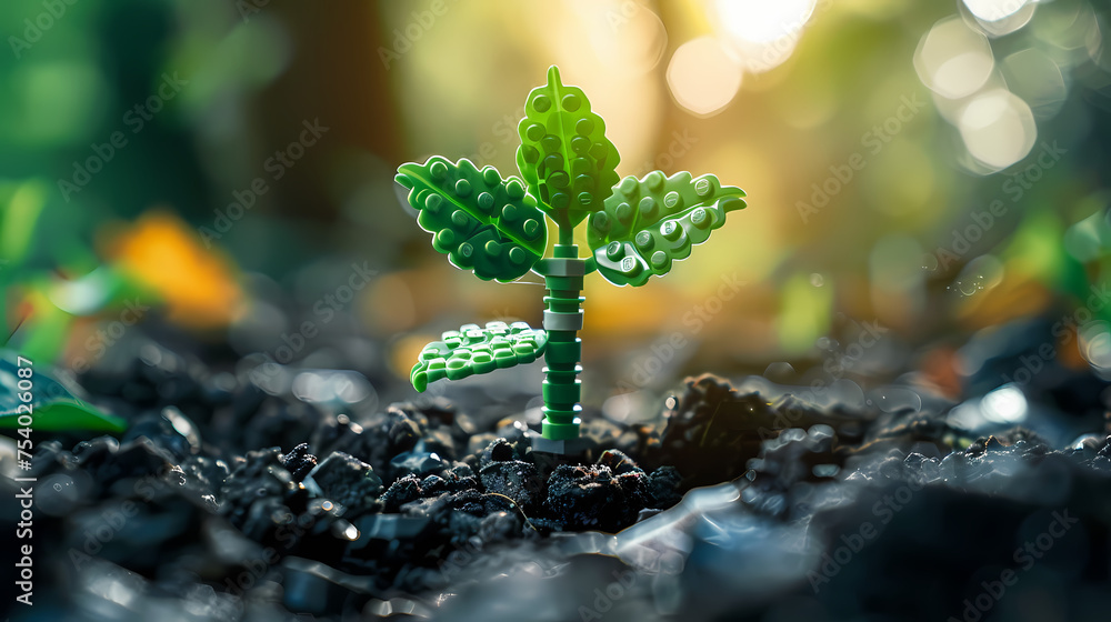 Naklejka premium a close-up scene of a LEGO green leaves block planted in real soil,